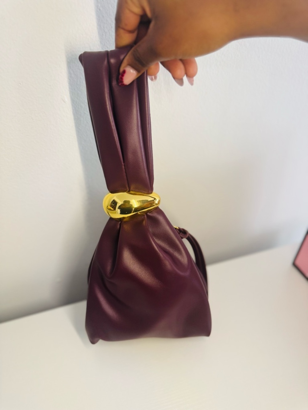 Women's Burgundy Wristlet Bag with Gold Accent